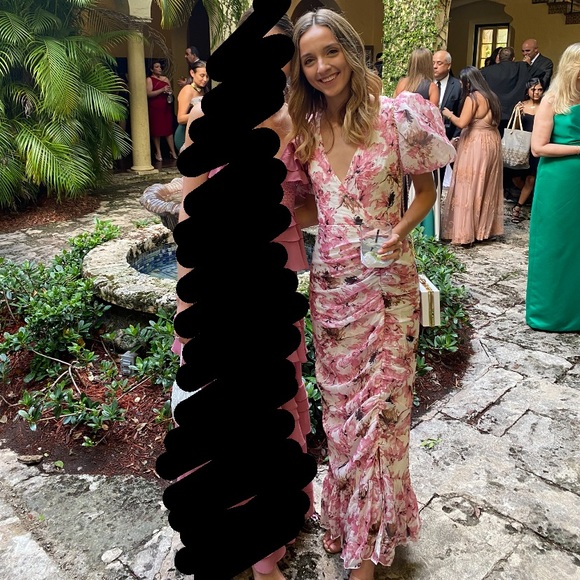 Pink Floral Puff Sleeve Formal Dress - Picture 2 of 3